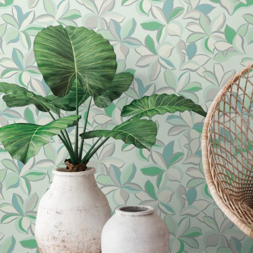 Impulzív grafikai virágélmény - szines stilizált liliomok törtfehér zöld kék szürke és ezüst tónus fémes hatás tapéta