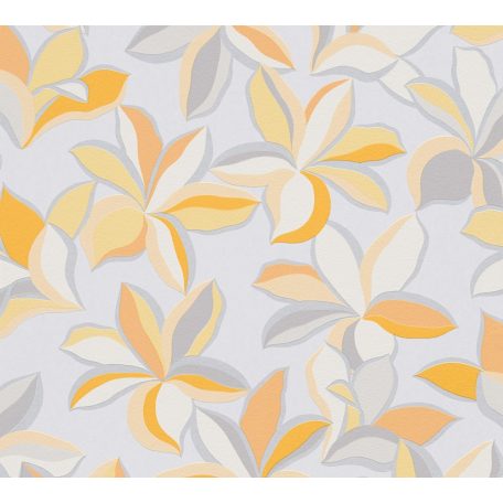 Impulzív grafikai virágélmény - szines stilizált liliomok fehér vaníliasárga sárga szürke és ezüst tónus fémes hatás tapéta