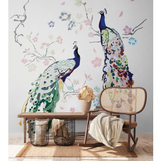   Egyedi és szines - virágok közt pompázó díszes pávák fehér zöld kék és szines falpanel