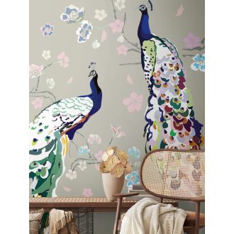   Egyedi és szines - virágok közt pompázó díszes pávák szürke zöld kék és szines falpanel
