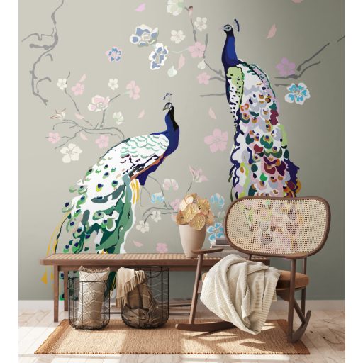 Egyedi és szines - virágok közt pompázó díszes pávák szürke zöld kék és szines falpanel