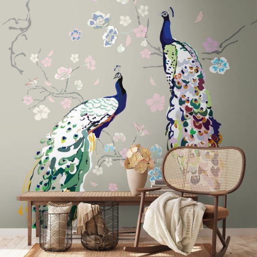 Egyedi és szines - virágok közt pompázó díszes pávák szürke zöld kék és szines falpanel