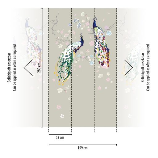Egyedi és szines - virágok közt pompázó díszes pávák szürke zöld kék és szines falpanel