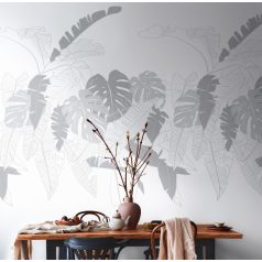   Decens megjelenésű grafikus ábrázolású trópusi levelek fehér és szürke tónus falpanel