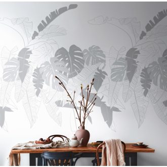   Decens megjelenésű grafikus ábrázolású trópusi levelek fehér és szürke tónus falpanel