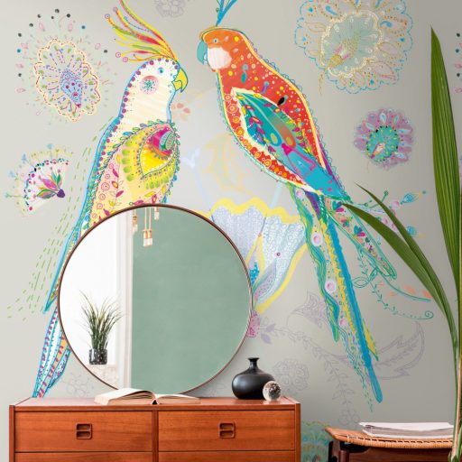 Keleties hangulatú marokkói motívumukkal díszített pávák szürke/szürkésbézs sárga piros és szines falpanel