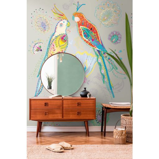 Keleties hangulatú marokkói motívumukkal díszített pávák szürke/szürkésbézs sárga piros és szines falpanel