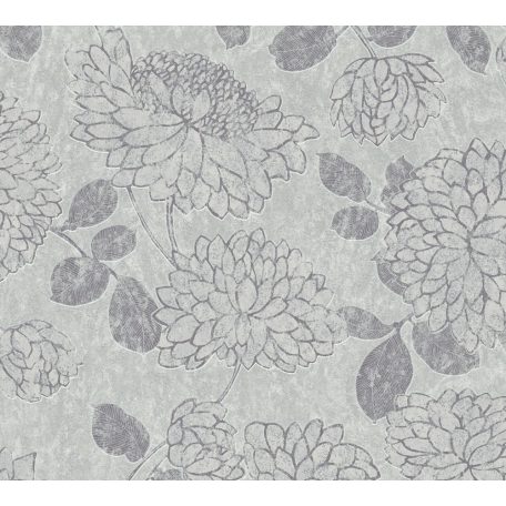 Nagy formátumú szirmok virágok és levelek mintája szürkésfehér szürke és ezüst fémes hatás tapéta