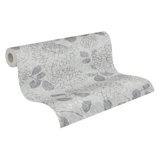 Nagy formátumú szirmok virágok és levelek mintája szürkésfehér szürke és ezüst fémes hatás tapéta