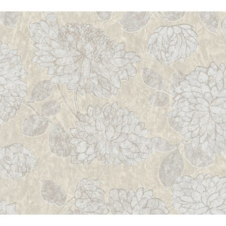 Nagy formátumú szirmok virágok és levelek mintája szürkésbézs bézs fehér és fehérezüst tónus fémes hatás tapéta