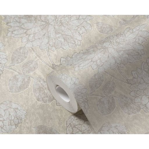 Nagy formátumú szirmok virágok és levelek mintája szürkésbézs bézs fehér és fehérezüst tónus fémes hatás tapéta