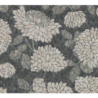   Nagy formátumú szirmok virágok és levelek mintája fekete ezüstszürke krém és fehérezüst tónus fémes hatás tapéta