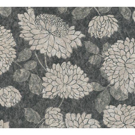 Nagy formátumú szirmok virágok és levelek mintája fekete ezüstszürke krém és fehérezüst tónus fémes hatás tapéta