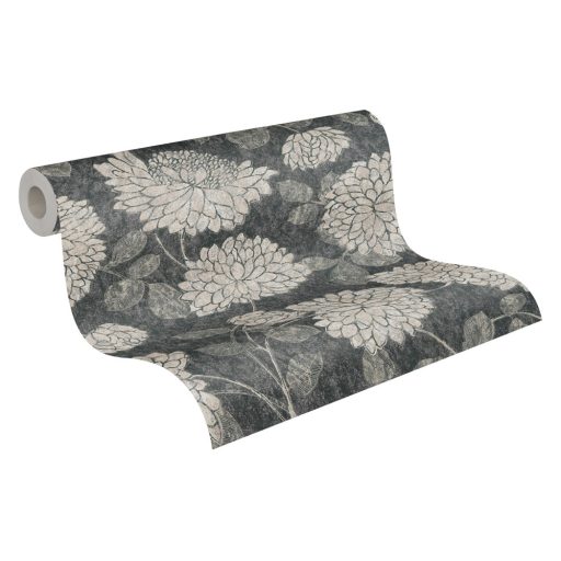 Nagy formátumú szirmok virágok és levelek mintája fekete ezüstszürke krém és fehérezüst tónus fémes hatás tapéta