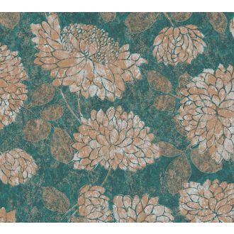   Nagy formátumú szirmok virágok és levelek mintája petrolzöld krém bronzbarna és arany tónus fémes hatás tapéta