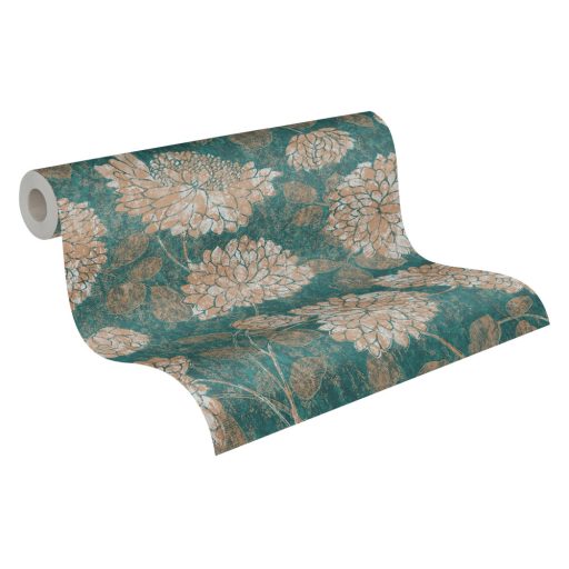 Nagy formátumú szirmok virágok és levelek mintája petrolzöld krém bronzbarna és arany tónus fémes hatás tapéta