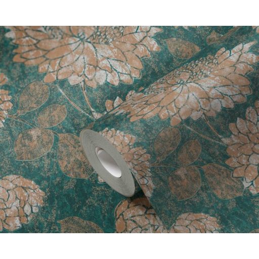 Nagy formátumú szirmok virágok és levelek mintája petrolzöld krém bronzbarna és arany tónus fémes hatás tapéta