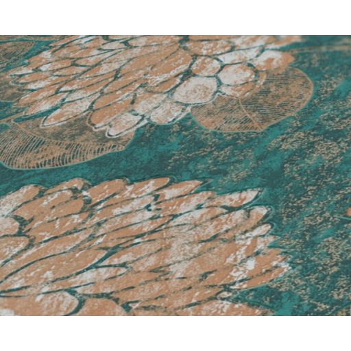 Nagy formátumú szirmok virágok és levelek mintája petrolzöld krém bronzbarna és arany tónus fémes hatás tapéta