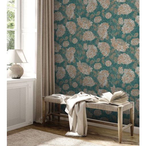 Nagy formátumú szirmok virágok és levelek mintája petrolzöld krém bronzbarna és arany tónus fémes hatás tapéta