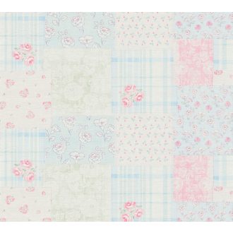   Csipetnyi angol romantika "Rózsás" Patchwork minta fehér kék zöld és rózsaszín tónus tapéta