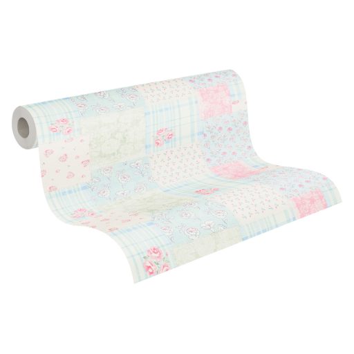 Csipetnyi angol romantika "Rózsás" Patchwork minta fehér kék zöld és rózsaszín tónus tapéta