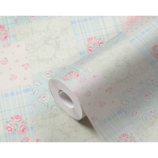 Csipetnyi angol romantika "Rózsás" Patchwork minta fehér kék zöld és rózsaszín tónus tapéta