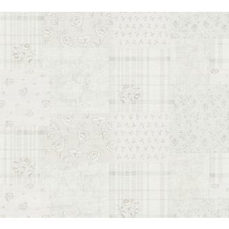   Csipetnyi angol romantika "Rózsás" Patchwork minta krémfehér szürke és szürkésbézs tónus tapéta