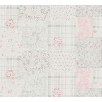   Csipetnyi angol romantika "Rózsás" Patchwork minta fehér rózsaszín és szürke tónus tapéta