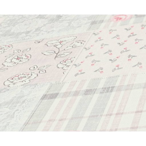 Csipetnyi angol romantika "Rózsás" Patchwork minta fehér rózsaszín és szürke tónus tapéta