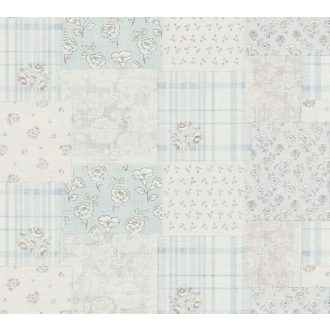   Csipetnyi angol romantika "Rózsás" Patchwork minta fehér kék és szürke tónus tapéta