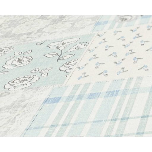 Csipetnyi angol romantika "Rózsás" Patchwork minta fehér kék és szürke tónus tapéta