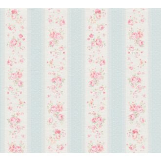   A romantika legszebb lapjaiból! Csíkos rózsás minta pöttyökkel és csipkével fehér kék rózsaszín és zöld tónus tapéta