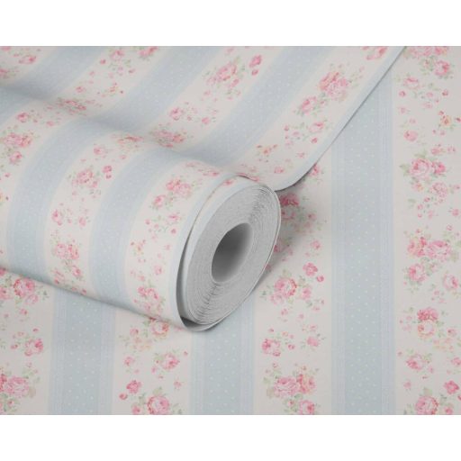 A romantika legszebb lapjaiból! Csíkos rózsás minta pöttyökkel és csipkével fehér kék rózsaszín és zöld tónus tapéta