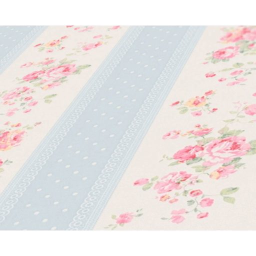 A romantika legszebb lapjaiból! Csíkos rózsás minta pöttyökkel és csipkével fehér kék rózsaszín és zöld tónus tapéta