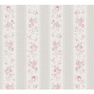   A romantika legszebb lapjaiból! Csíkos rózsás minta pöttyökkel és csipkével fehér szürke és rózsaszín tónus tapéta