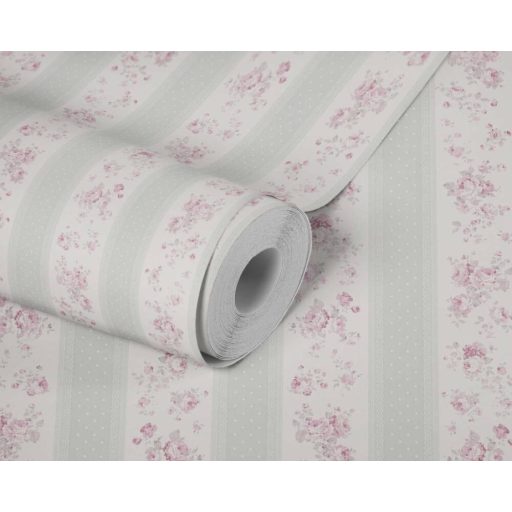 A romantika legszebb lapjaiból! Csíkos rózsás minta pöttyökkel és csipkével fehér szürke és rózsaszín tónus tapéta