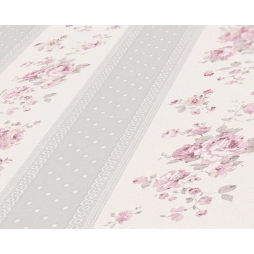 A romantika legszebb lapjaiból! Csíkos rózsás minta pöttyökkel és csipkével fehér szürke és rózsaszín tónus tapéta