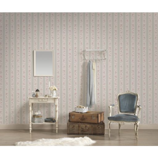 A romantika legszebb lapjaiból! Csíkos rózsás minta pöttyökkel és csipkével fehér szürke és rózsaszín tónus tapéta