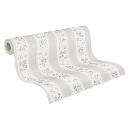 A romantika legszebb lapjaiból! Csíkos rózsás minta pöttyökkel és csipkével fehér szürke bézs kék és türkiz tónus tapéta