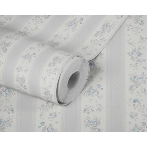 A romantika legszebb lapjaiból! Csíkos rózsás minta pöttyökkel és csipkével fehér szürke bézs kék és türkiz tónus tapéta