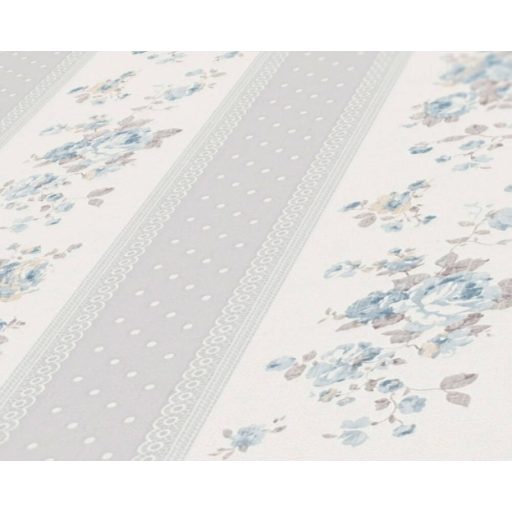 A romantika legszebb lapjaiból! Csíkos rózsás minta pöttyökkel és csipkével fehér szürke bézs kék és türkiz tónus tapéta