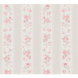  A romantika legszebb lapjaiból! Csíkos rózsás minta pöttyökkel és csipkével fehér bézs szürkésbézs és rózsaszín tónus tapéta