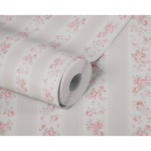 A romantika legszebb lapjaiból! Csíkos rózsás minta pöttyökkel és csipkével fehér bézs szürkésbézs és rózsaszín tónus tapéta