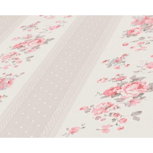 A romantika legszebb lapjaiból! Csíkos rózsás minta pöttyökkel és csipkével fehér bézs szürkésbézs és rózsaszín tónus tapéta