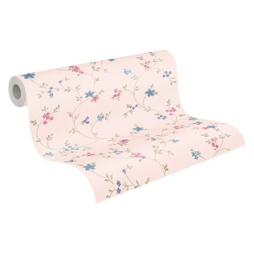 Finoman rajzolt filigrán virágindák krémfehér kék zöld és rózsaszín tónus tapéta