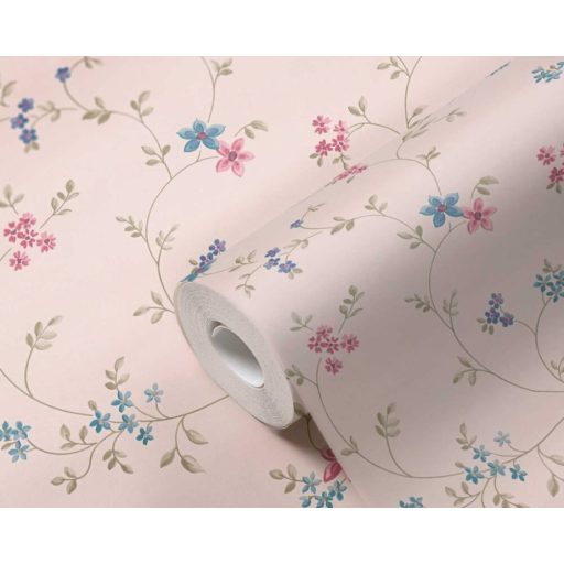 Finoman rajzolt filigrán virágindák krémfehér kék zöld és rózsaszín tónus tapéta