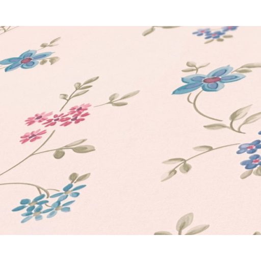 Finoman rajzolt filigrán virágindák krémfehér kék zöld és rózsaszín tónus tapéta