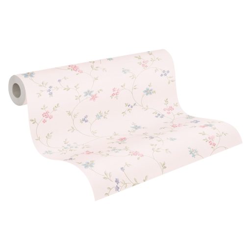 Finoman rajzolt filigrán virágindák fehér kék zöld és rózsaszín pasztell tónusok tapéta