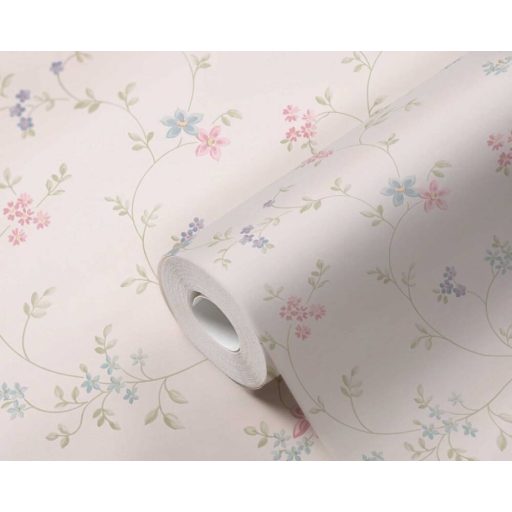 Finoman rajzolt filigrán virágindák fehér kék zöld és rózsaszín pasztell tónusok tapéta