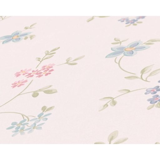 Finoman rajzolt filigrán virágindák fehér kék zöld és rózsaszín pasztell tónusok tapéta
